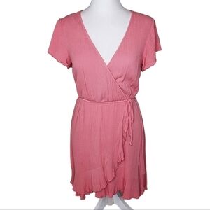 Susina Pink Faux Wrap Dress, Short Sleeve Summer Midi Dress, Sz S Swancore